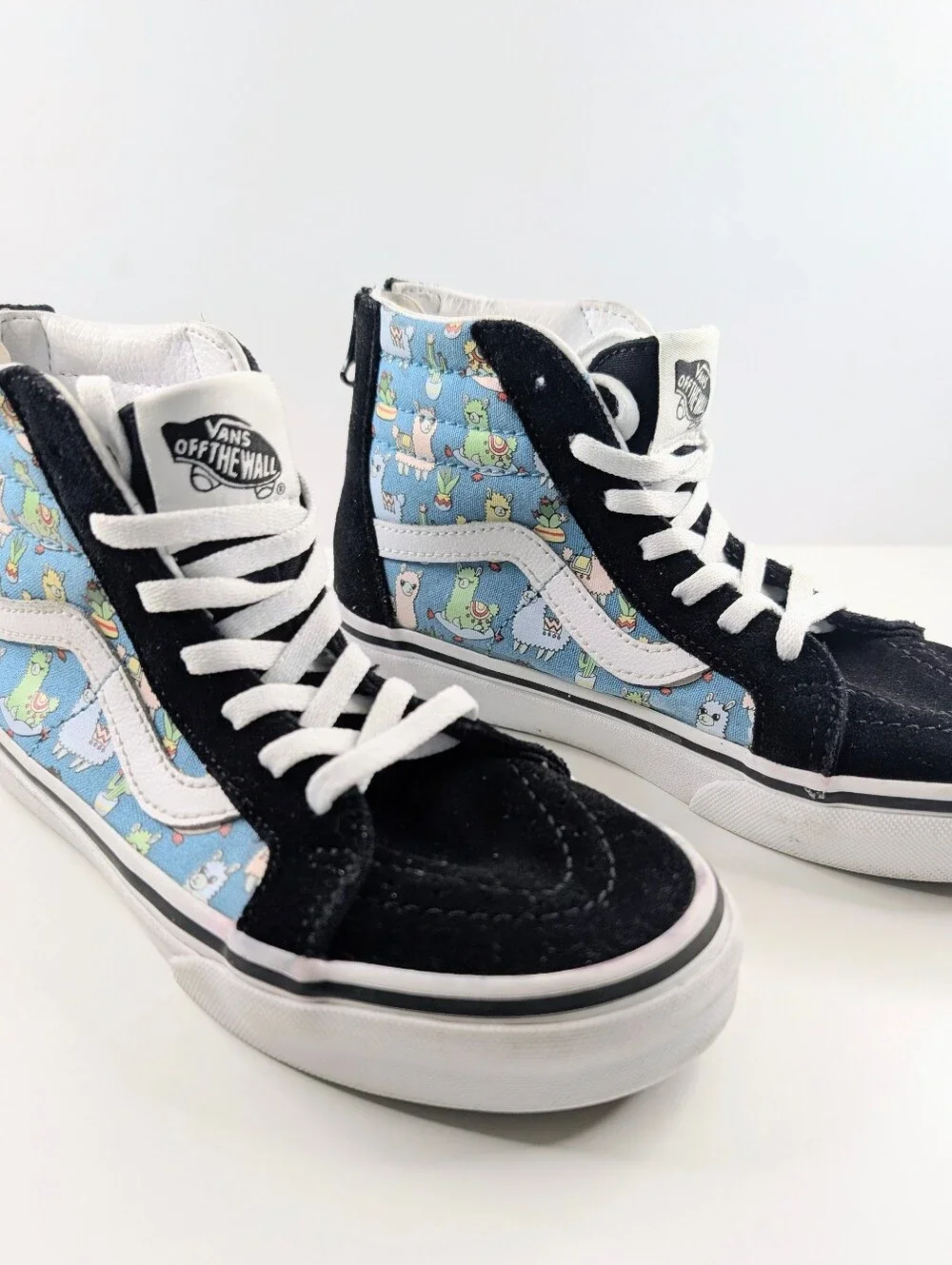 Vans Sk8-Hi Zip Kids Llama Print High Top Skate Shoes Black Blue Size 2